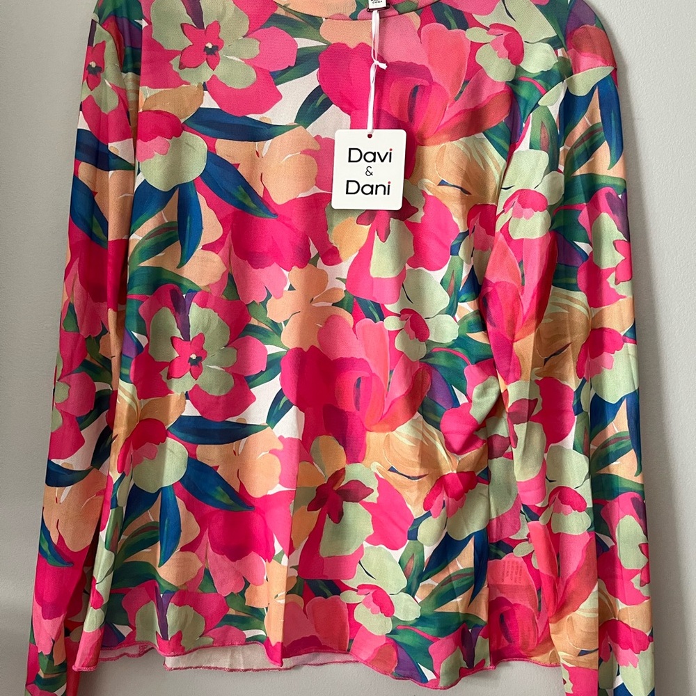 DAVI & DANI Vibrant Floral Blouse - Pink, Green, Blue